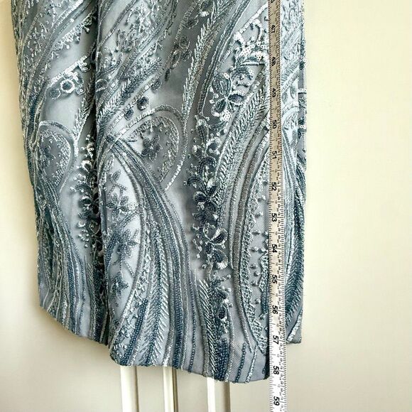 NWT JS Collections embroidered floral and sequin v-neck column gown in silver. S - Picture 12 of 16